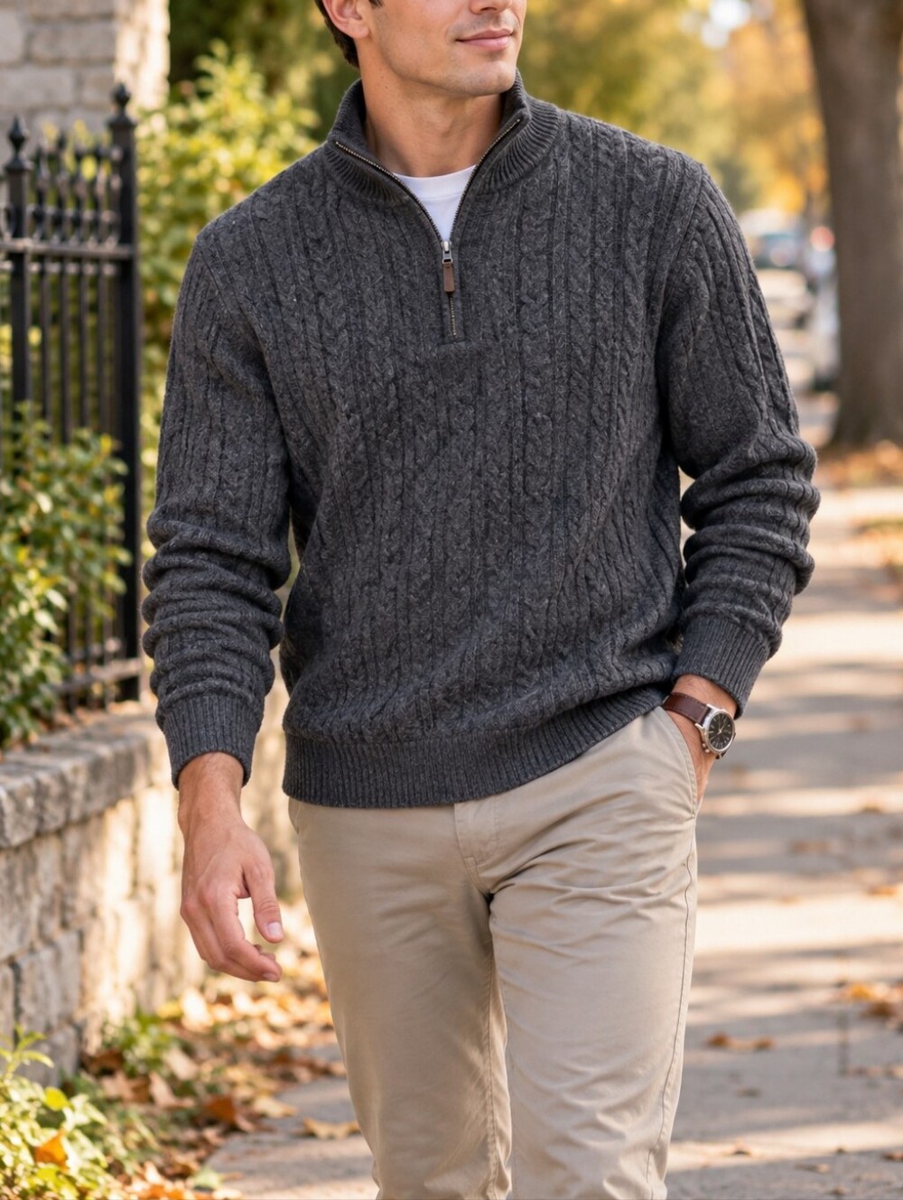 NWT Denver Hayes Men’s Charcoal Gray Cable Knit Half Zip Cotton Blend Sweater